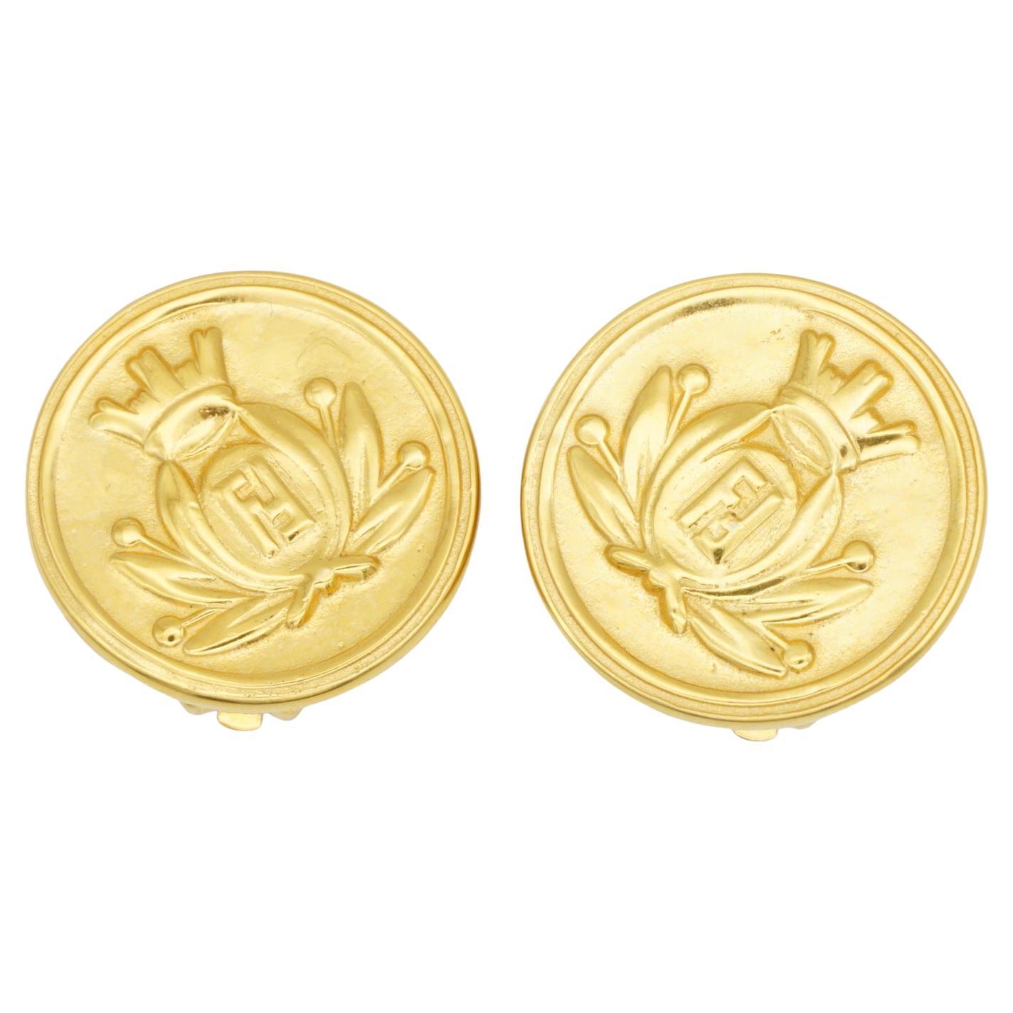 Fendi Vintage Crown Crest Logo F Fendista Insignia Roma 1925 Round Clip Earrings For Sale