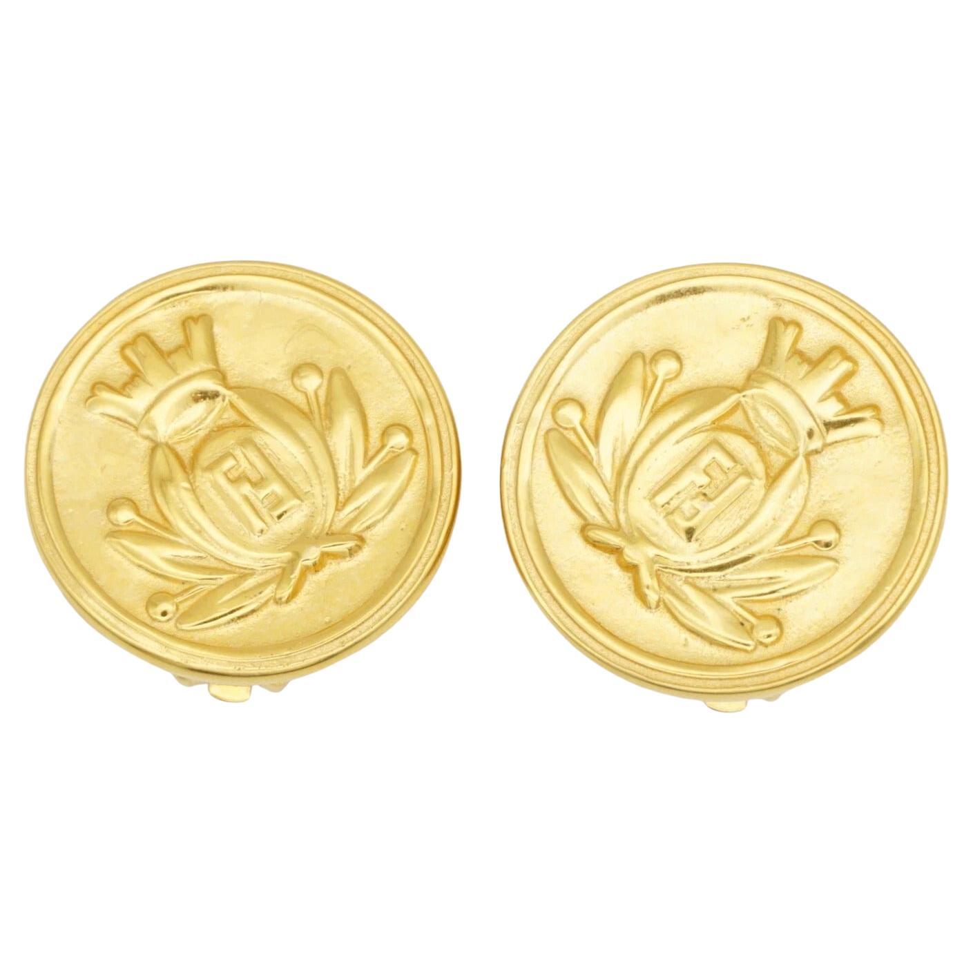 Fendi Vintage Crown Crest Logo F Fendista Insignia Roma 1925 Round Clip Earrings en venta