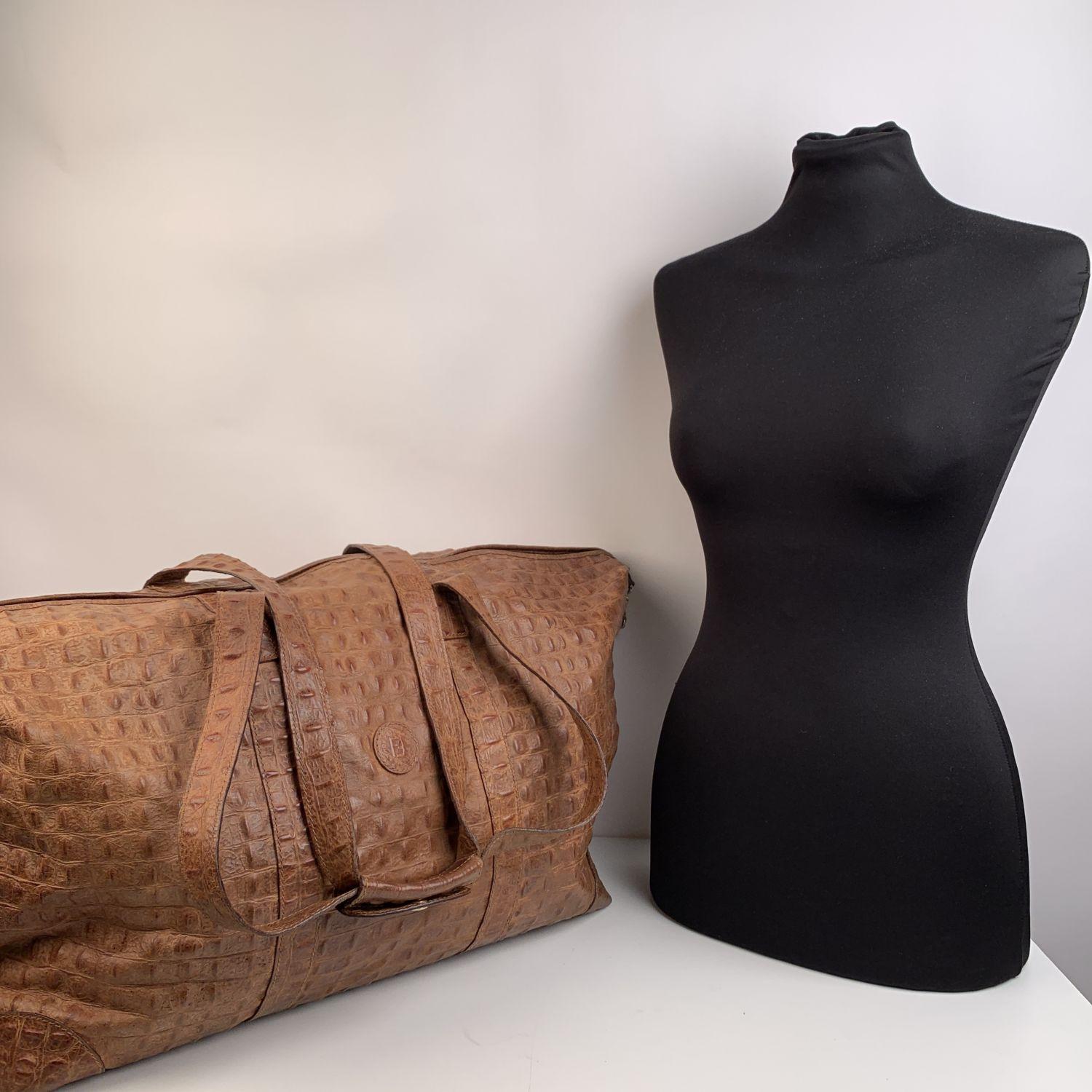 Brown Fendi Vintage Embossed Croc Look Leather Duffle Weekend Bag