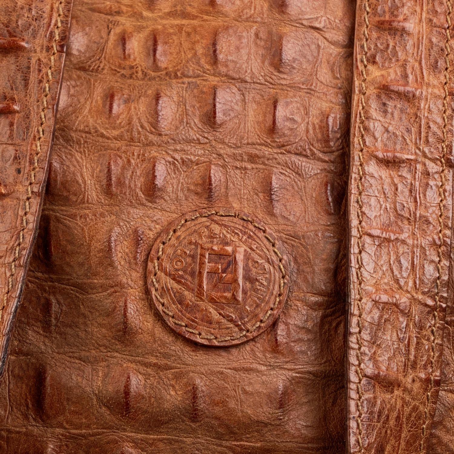 Fendi Vintage Embossed Croc Look Leather Duffle Weekend Bag In Good Condition In Rome, Rome