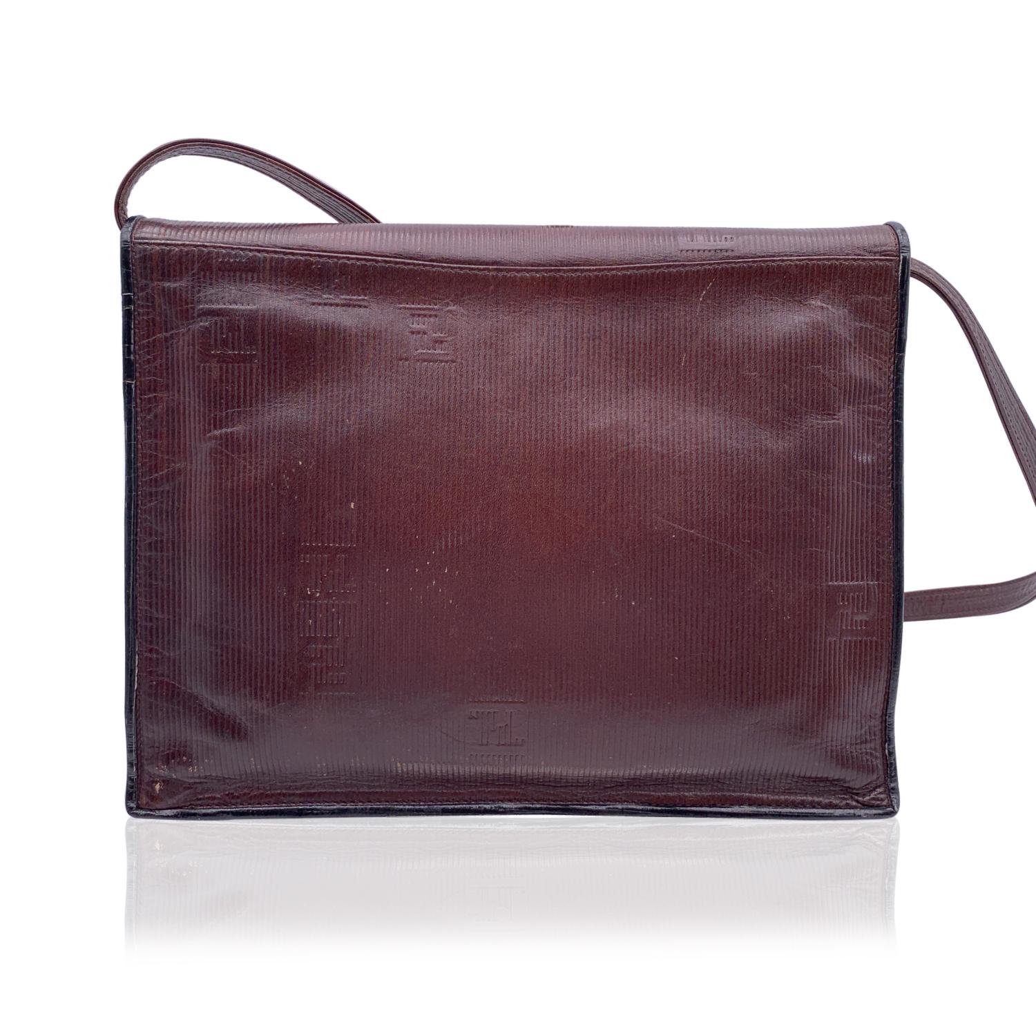 Black Fendi Vintage Embossed Ribbed Brown Leather Clutch Shoulder Bag