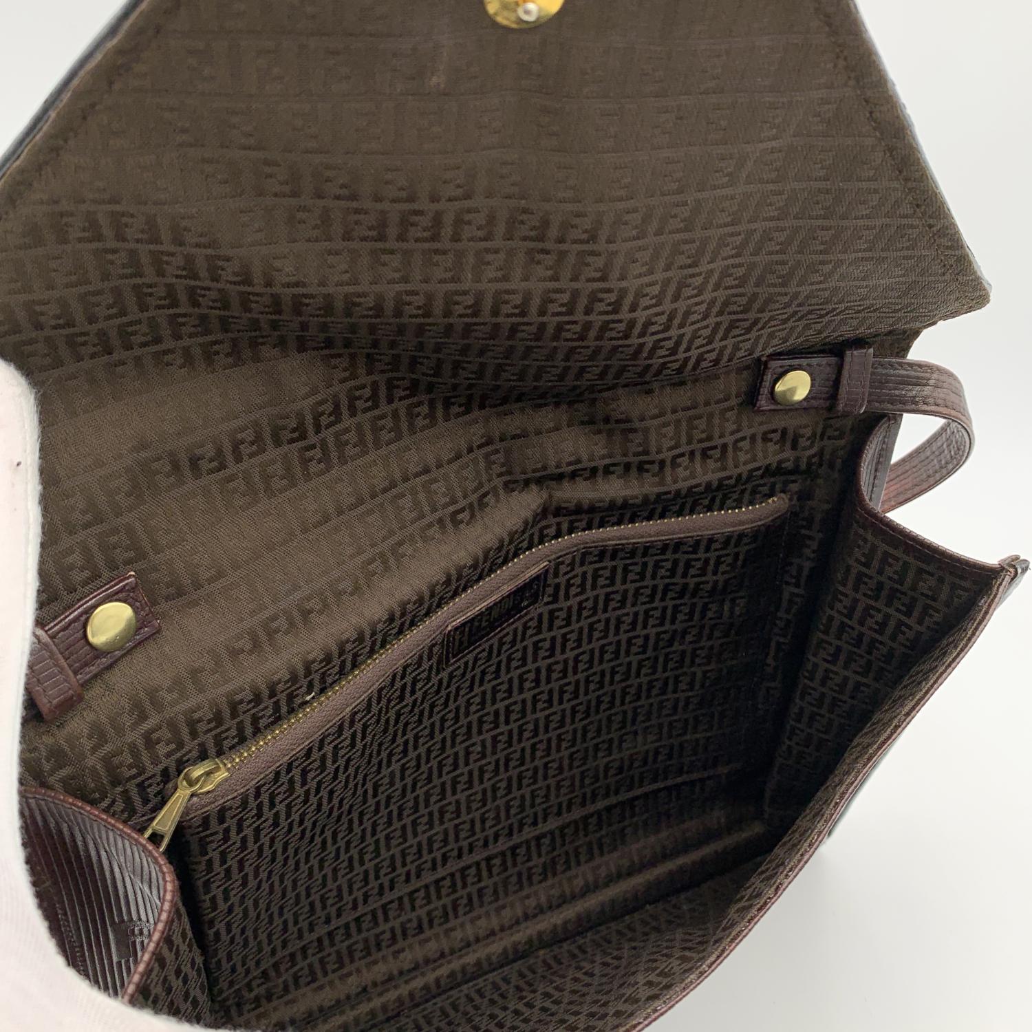 Women's Fendi Vintage Embossed Ribbed Brown Leather Clutch Shoulder Bag