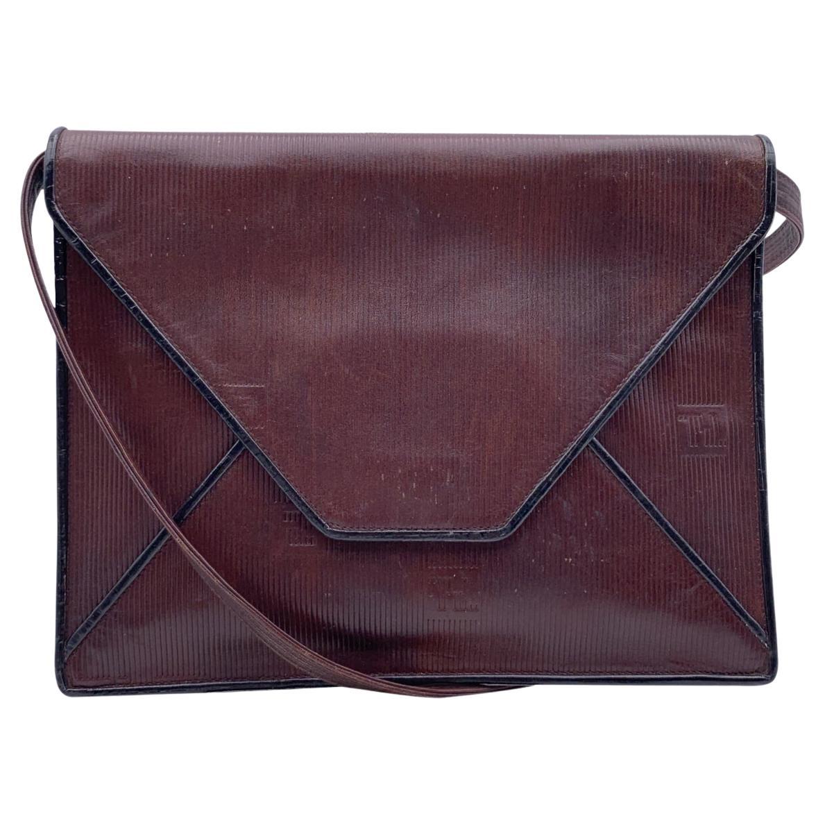 Fendi Vintage Embossed Ribbed Brown Leather Clutch Shoulder Bag