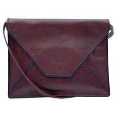 Fendi Vintage Embossed Ribbed Brown Leather Clutch Shoulder Bag