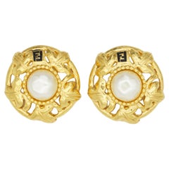 Fendi Vintage F Fendista Baroque Large Round Pearl Openwork Leaf Clip Earrings
