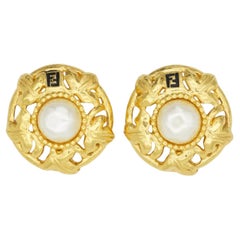 Fendi Vintage F Fendista Baroque Large Round Pearl Openwork Leaf Clip Earrings