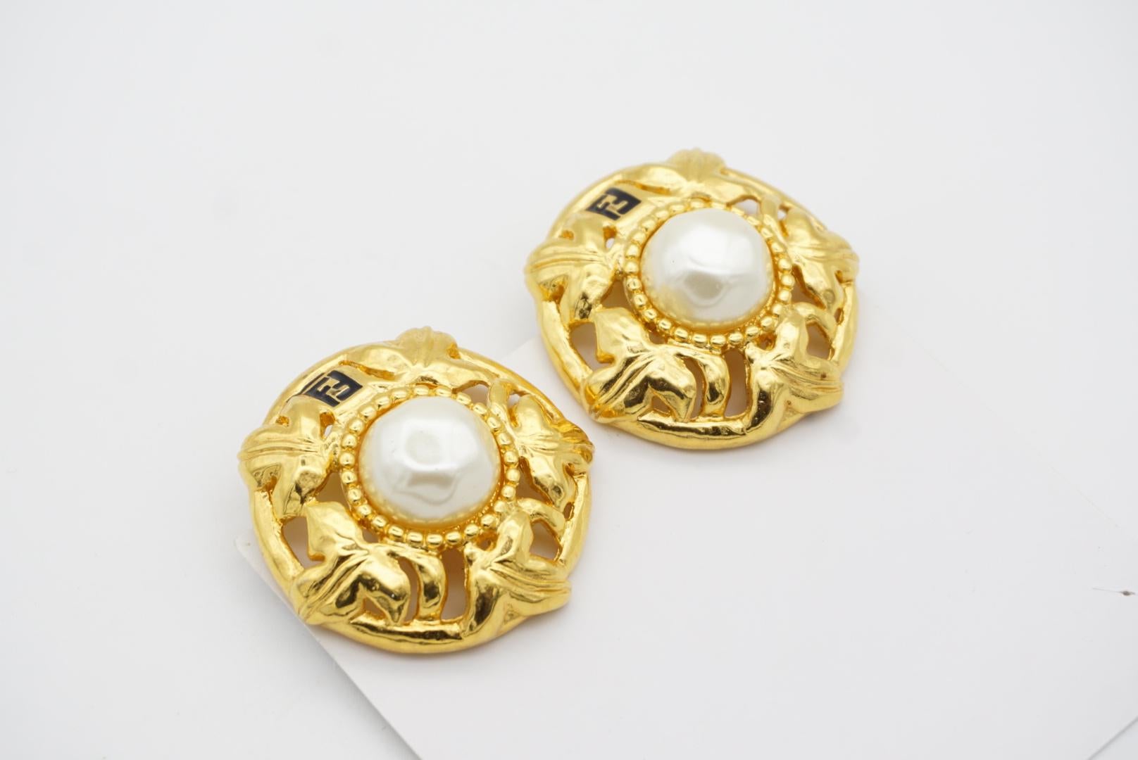 Fendi Vintage F Fendista Baroque Large Round Pearl Openwork Leaf Clip Earrings In Excellent Condition For Sale In Wokingham, England
