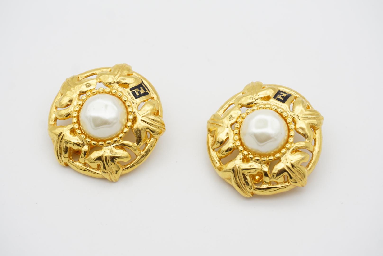 Fendi Vintage F Fendista Baroque Large Round Pearl Openwork Leaf Clip Earrings 2