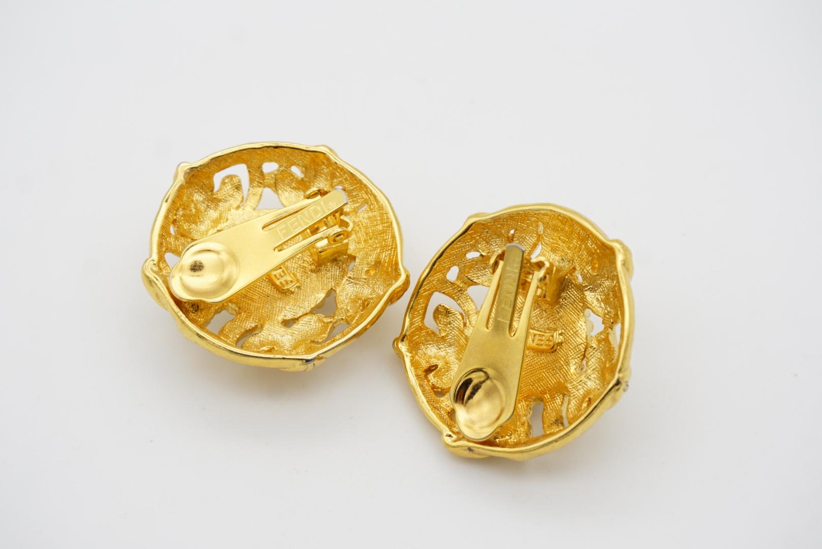 Fendi Vintage F Fendista Baroque Large Round Pearl Openwork Leaf Clip Earrings For Sale 4