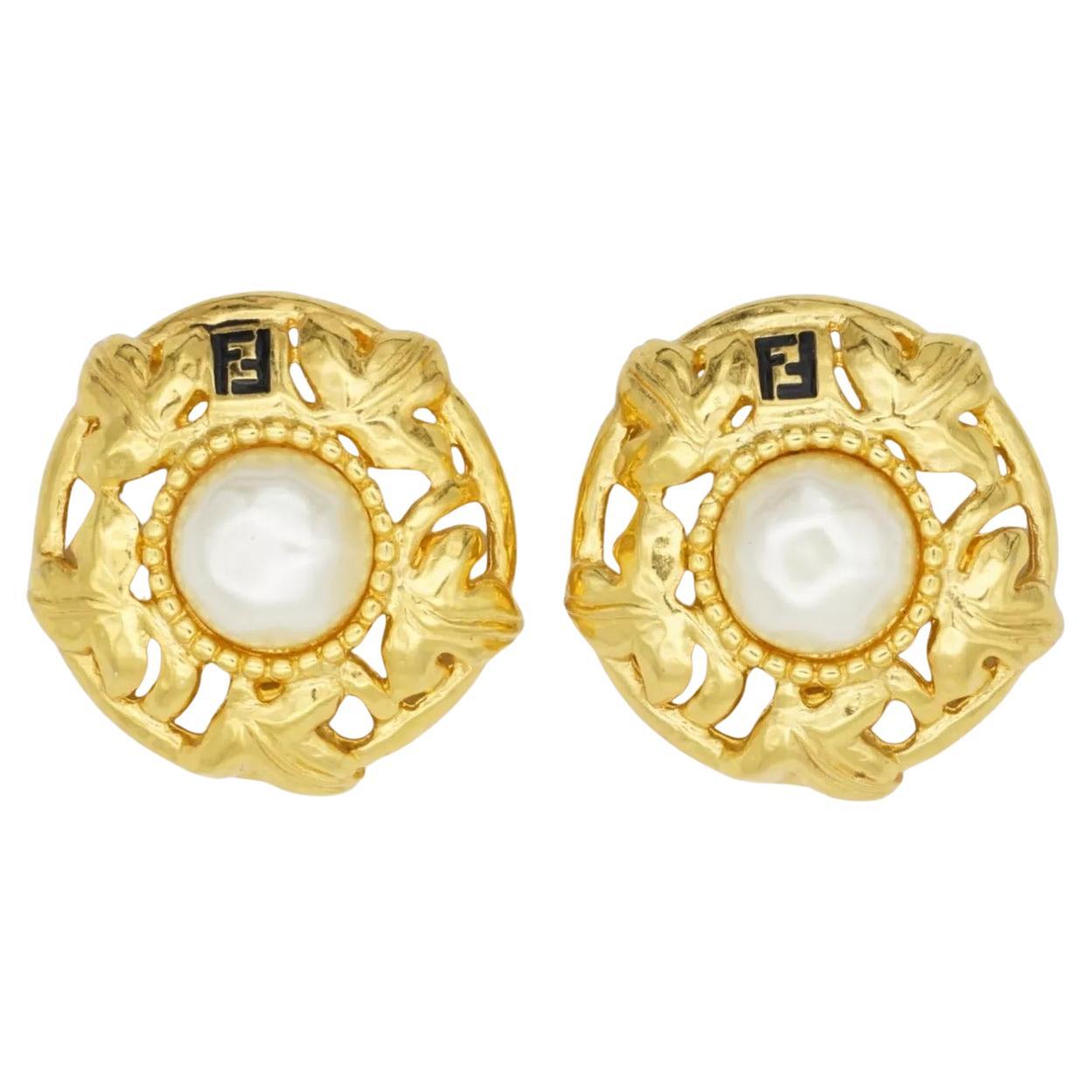 Fendi Vintage F Fendista Baroque Large Round Pearl Openwork Leaf Clip Earrings