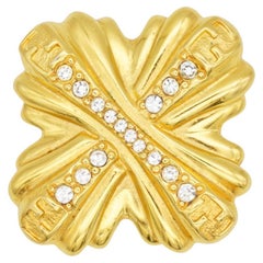 Fendi Vintage Fendista Four Logo F Monogram Crystals Maltese Cross Gold Brooch