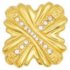 Fendi Vintage Fendista Four Logo F Monogram Crystals Maltese Cross Gold Brooch