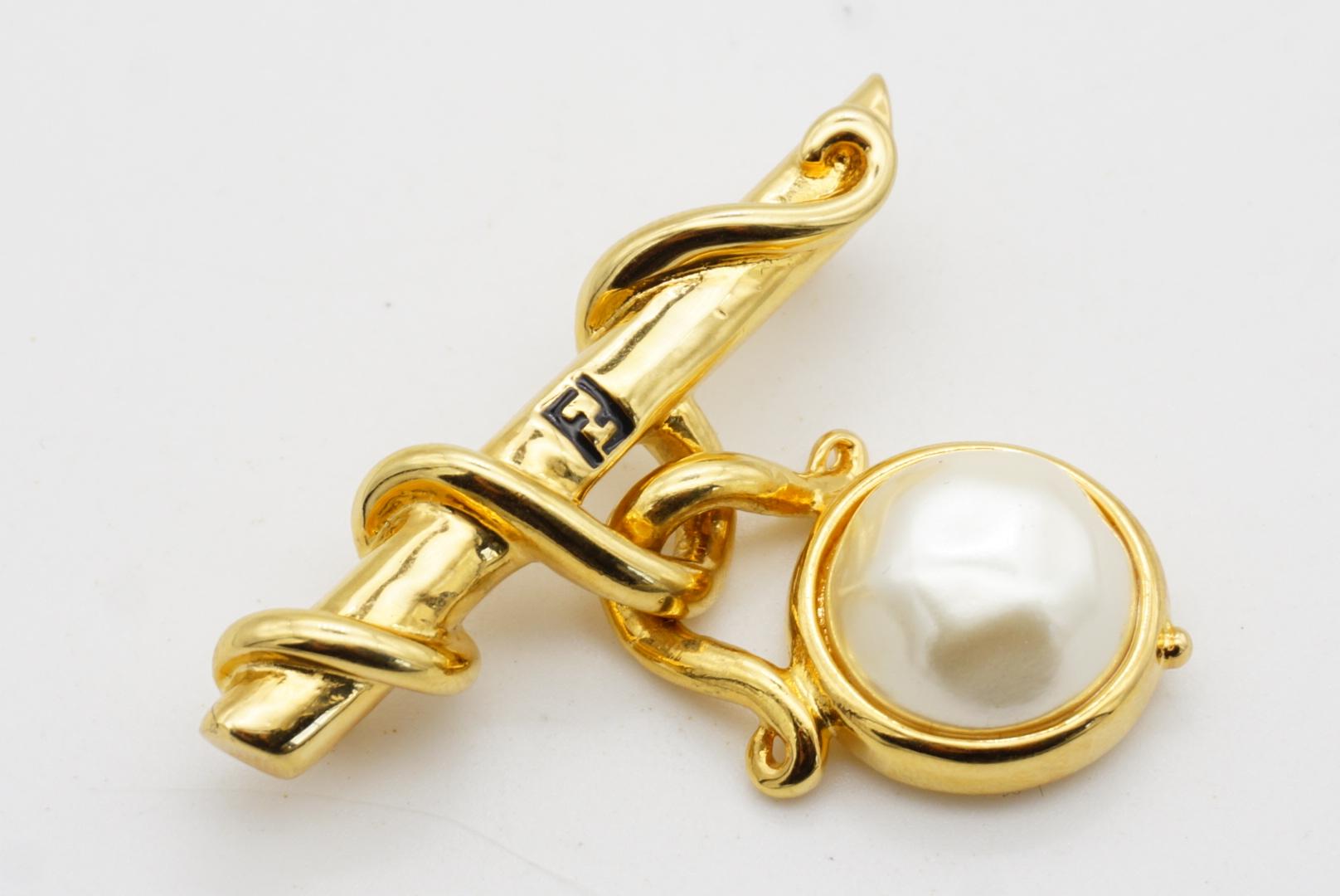 Fendi Vintage Fendista Logo Black F White Round Pearl Dangle Vine Bar Brooch For Sale 6