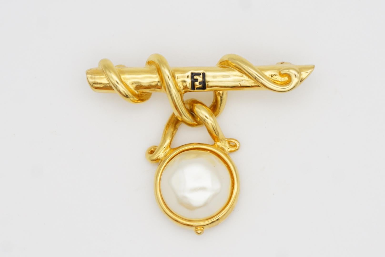 Fendi Vintage Fendista Logo Black F White Round Pearl Dangle Vine Bar Brooch For Sale 4