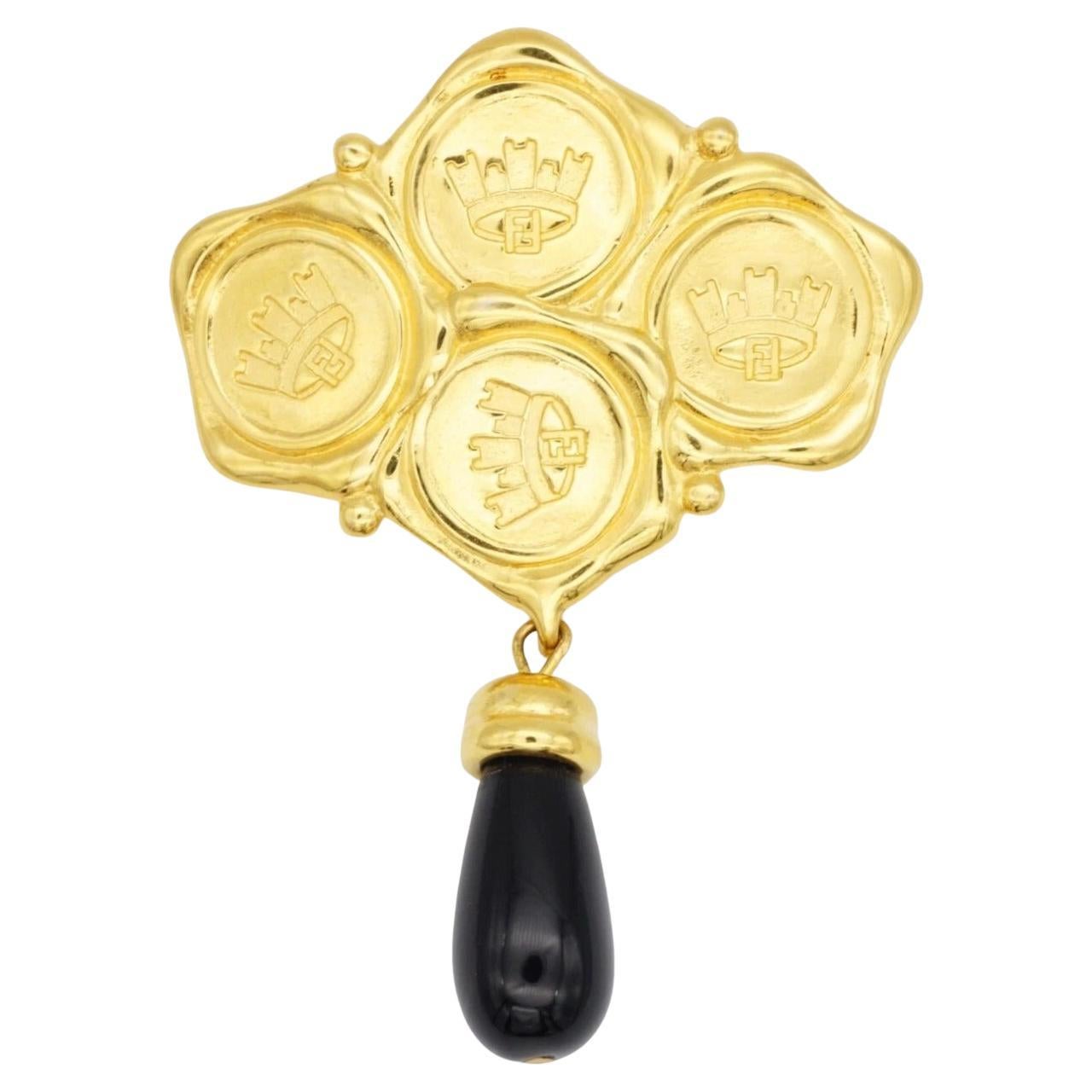Fendi Vintage Fendista Logo F Four Crest insignia Crown Black Tear Drop Brooch en vente