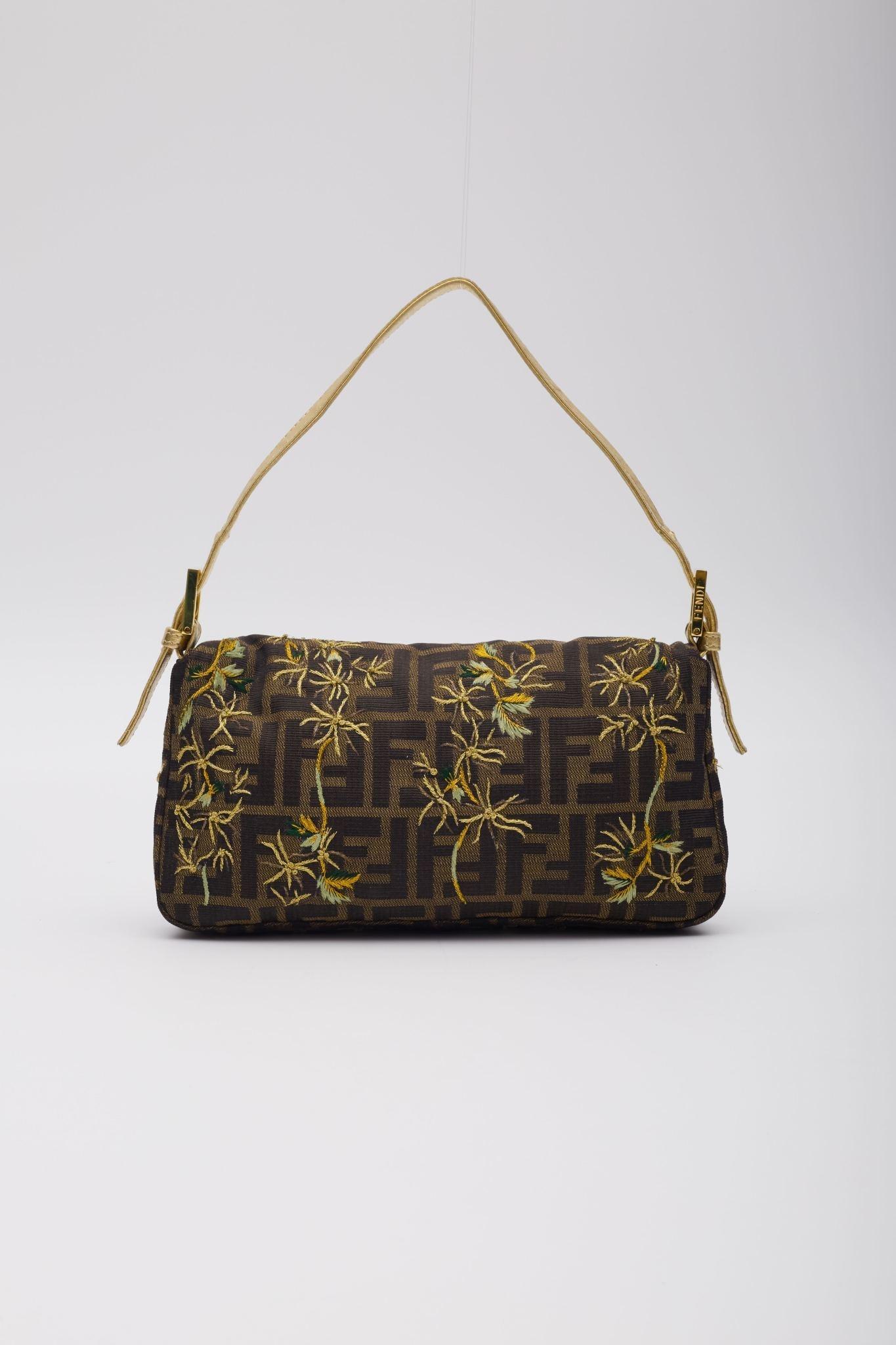 Black Fendi Vintage FF Monogram Flower Embodied Baguette Bag