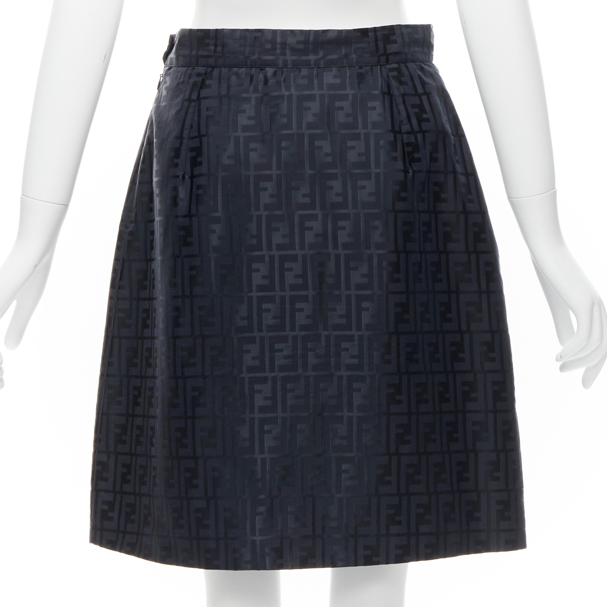 FENDI Vintage FF Zucca monogram navy high waist A-line skirt IT44 L 1
