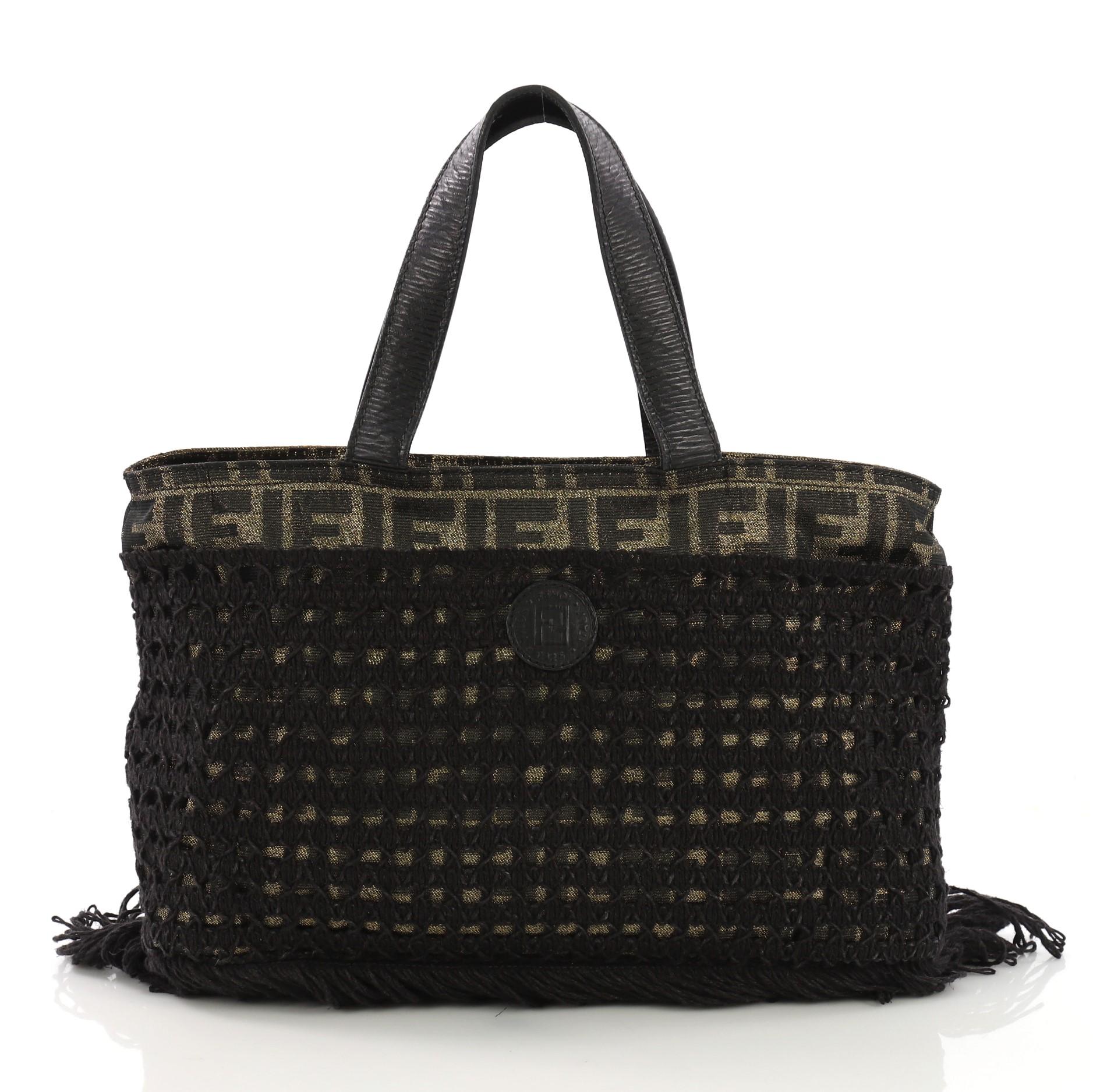 Fendi Vintage Fringe Convertible Tote Zucca Canvas with Woven Net Medium In Good Condition In NY, NY