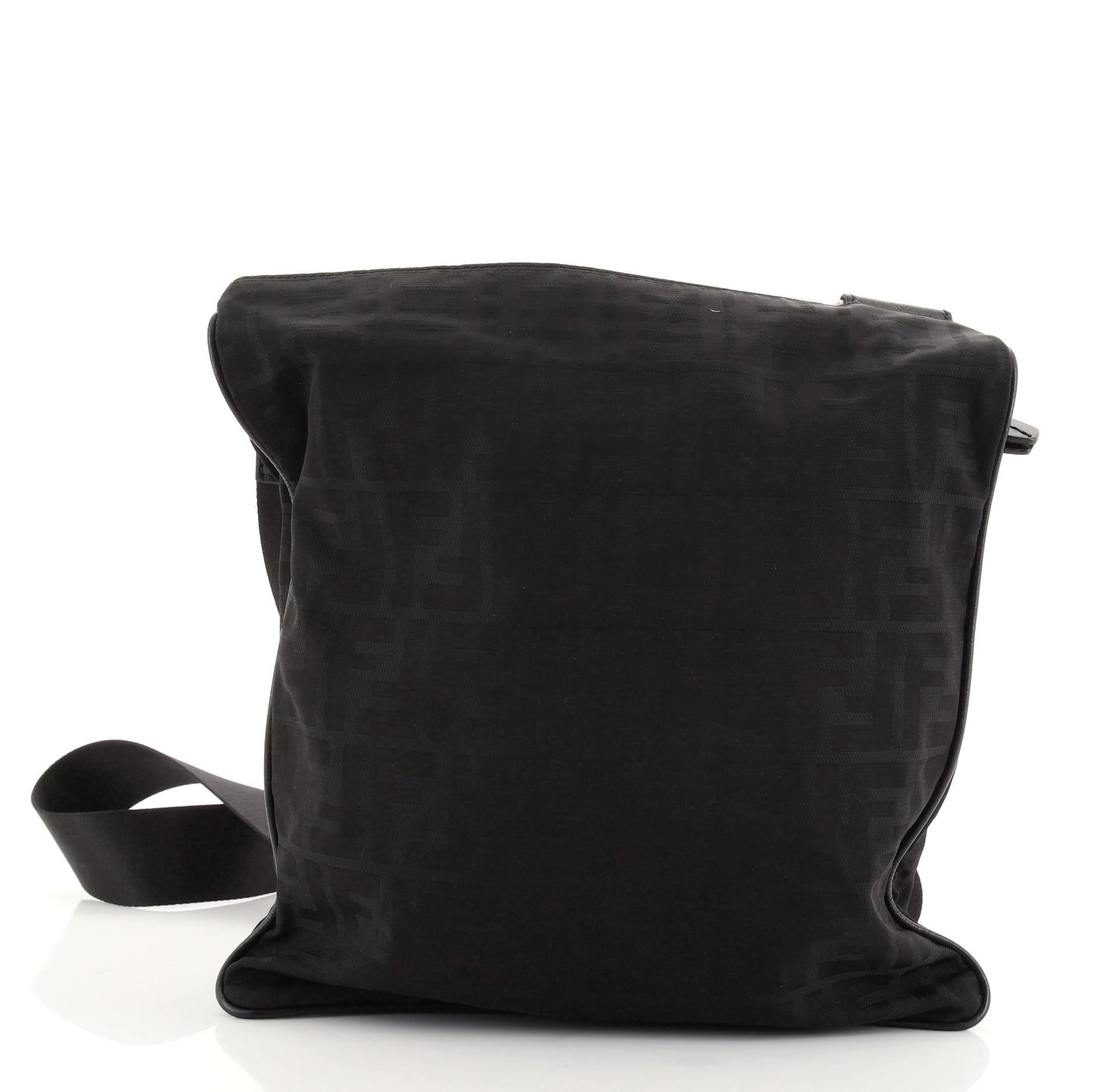 Black Fendi Vintage Front Zip Flat Messenger Bag Zucca Nylon Large