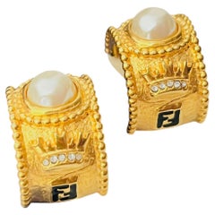 Fendi Vintage Gold Black Fendista FF Crown Pearl Crystal Domed Hoop Earrings