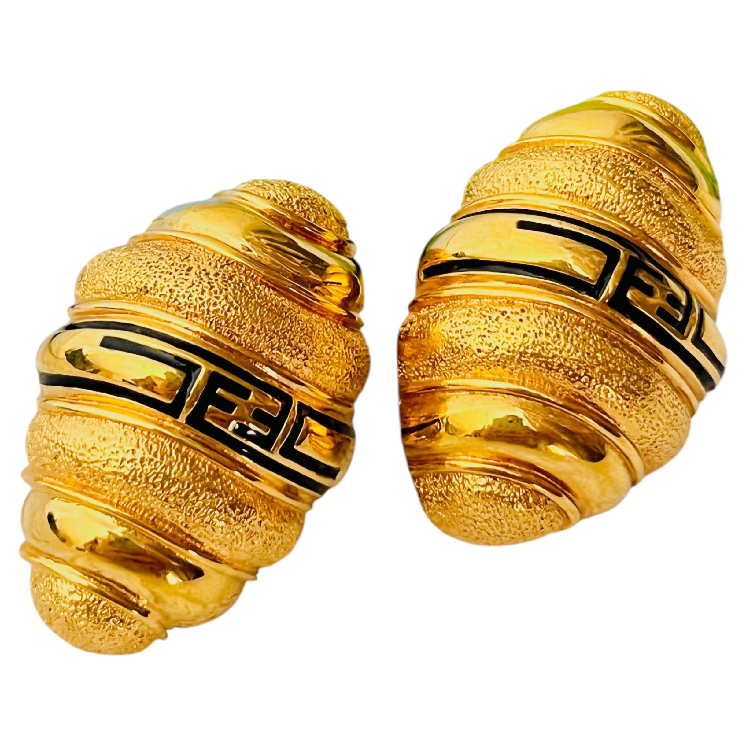Pre-owned Fendi Vintage Gold Unisex Large Sta Black Ff Shell Domed Chunky Earrings