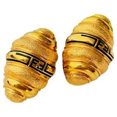 Fendi Vintage Gold Unisex Large Fendista Black FF Shell Domed Chunky Earrings