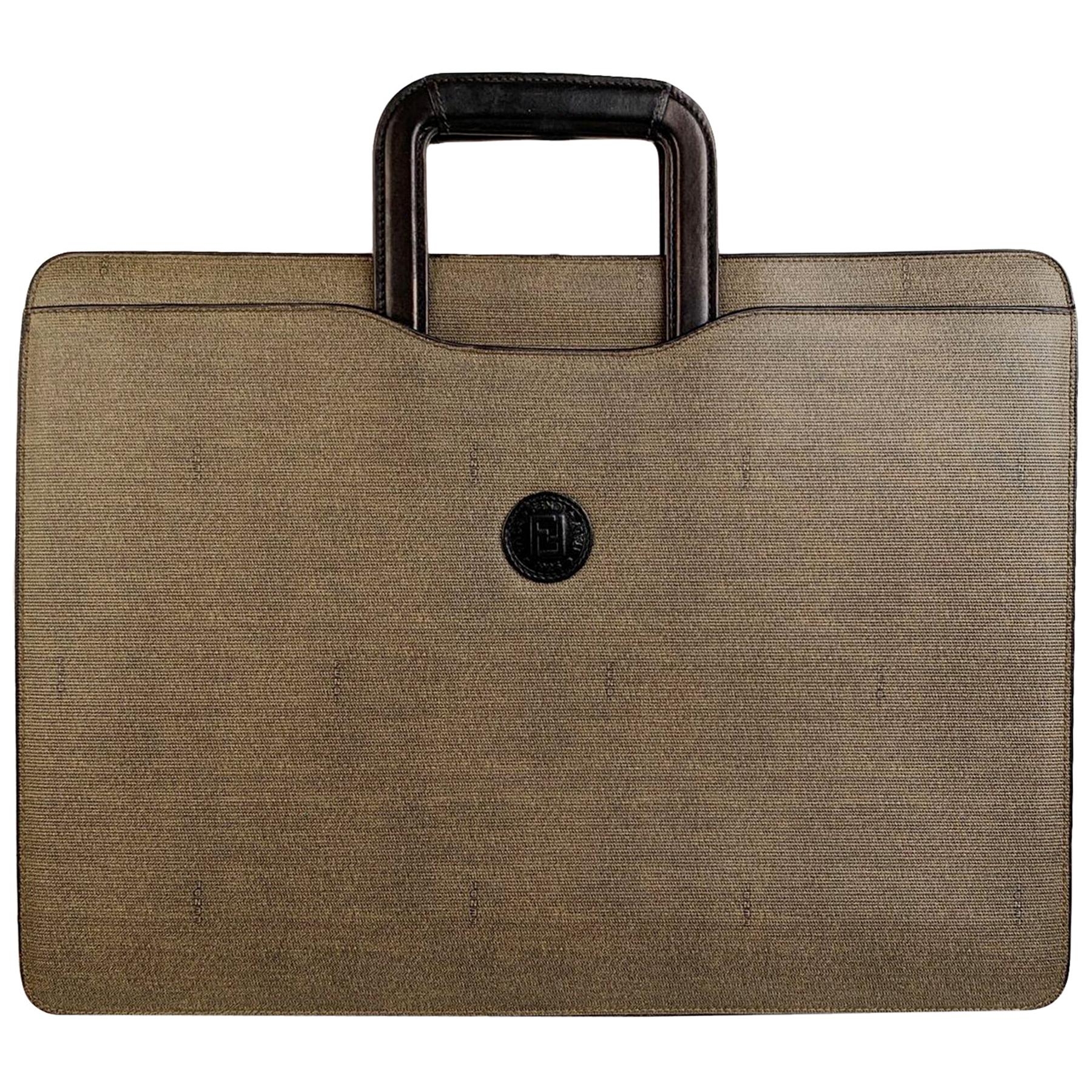Fendi Vintage Gray Canvas Retractable Handles Briefcase Work Bag