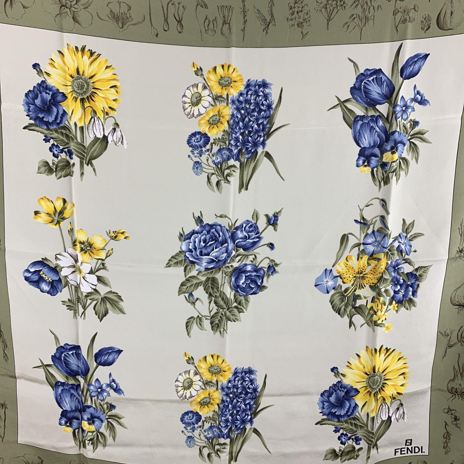 Vintage silk scarf by Fendi. Floral print. main colors are green, blue, and yellow. It measures approx. 90cm by 90cm. 'Fendi - Made in Italy' tag still attached. Fendi care/composition tag still attached.





Details

MATERIAL: Silk

COLOR:
