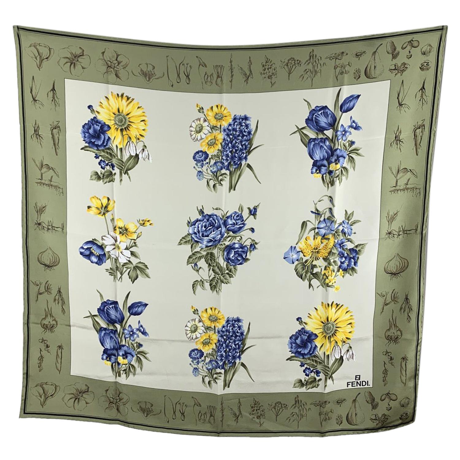 Fendi Vintage Green Silk Blue and Yellow Flowers Print Scarf