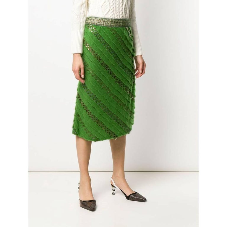 Fendi Vintage green wool straight midi length 90s embellished skirt For Sale at 1stDibs