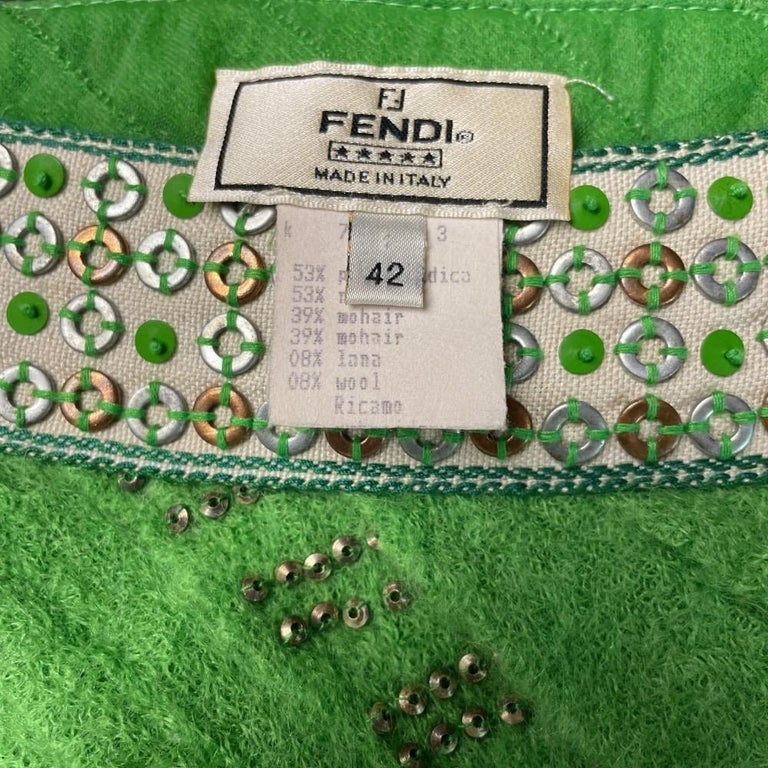 Fendi Vintage green wool straight midi length 90s embellished skirt For Sale at 1stDibs
