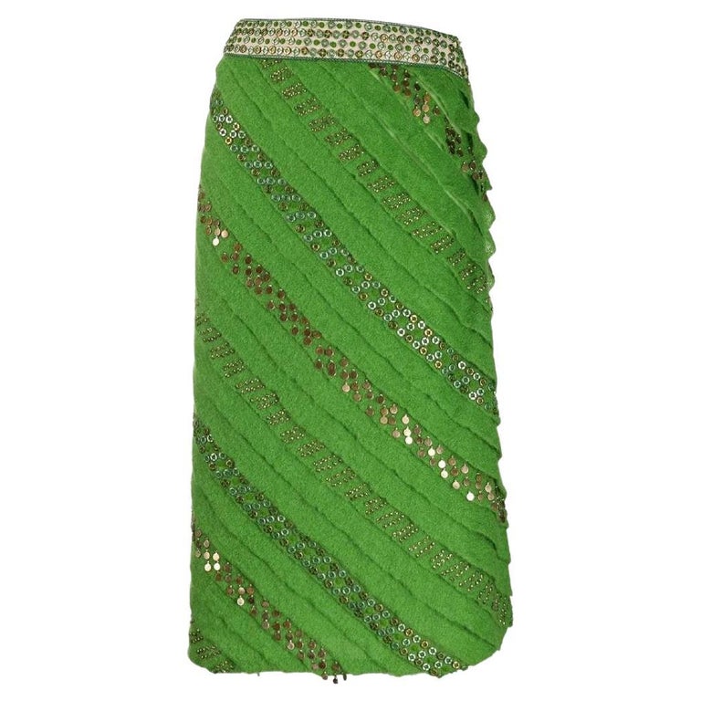 Fendi Vintage green wool straight midi length 90s embellished skirt For