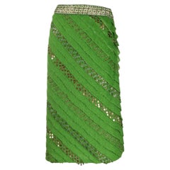 Fendi Retro green wool straight midi length 90s embellished skirt