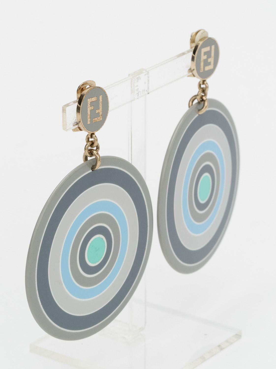 Fendi Roma grey and blue clip large dangle earrings. Come with original pouch.