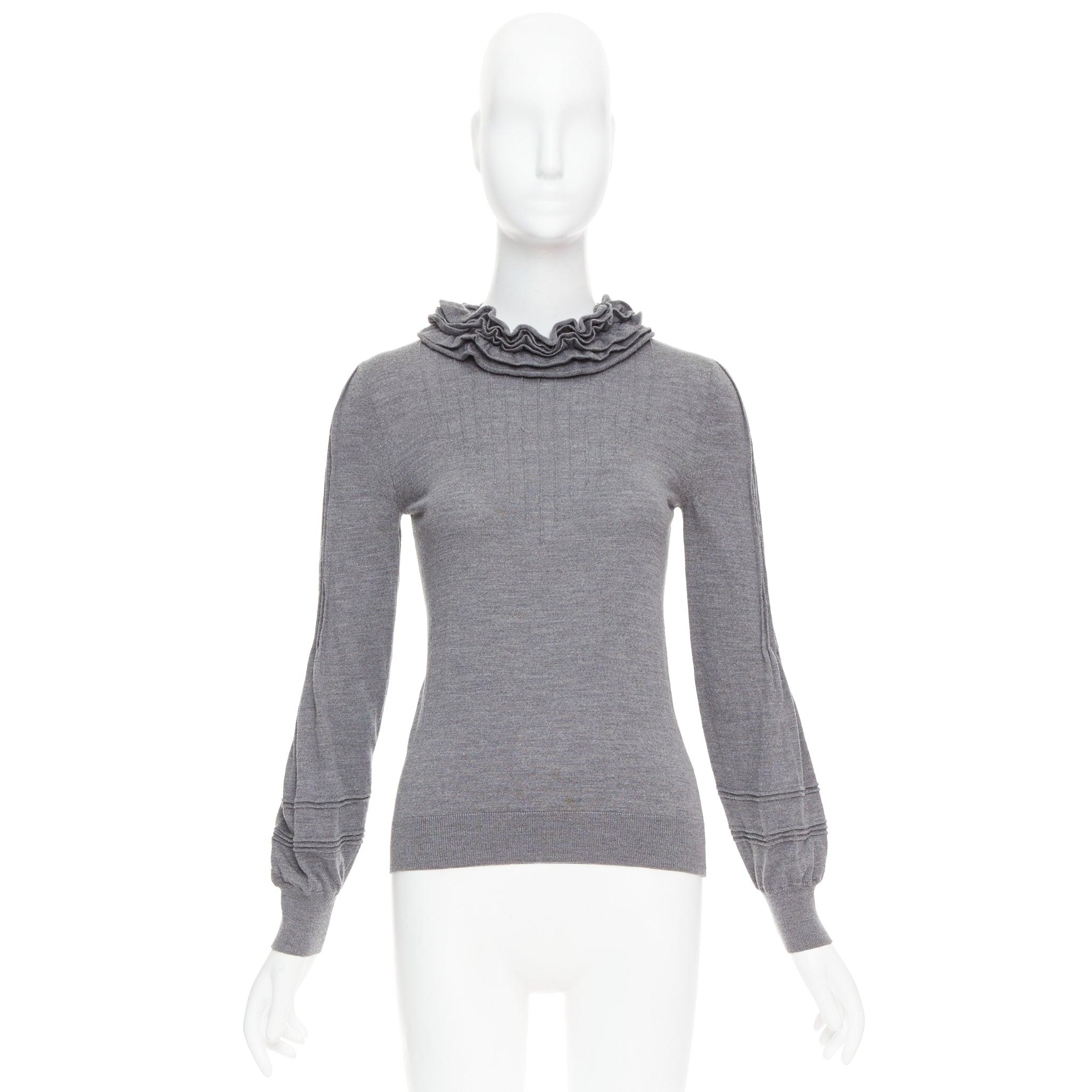 FENDI Vintage grey extrafine wool ruffle collar pleated sweater IT40 S For Sale 4