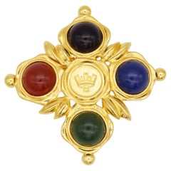 Fendi Vintage Gripoix Gold Ruby Emerald Lapis Crown Maltese Cross Logo Brooch