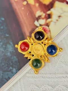 Fendi Vintage Logo F Crown Crest Maltese Cross Cabochon Chunky Brooch