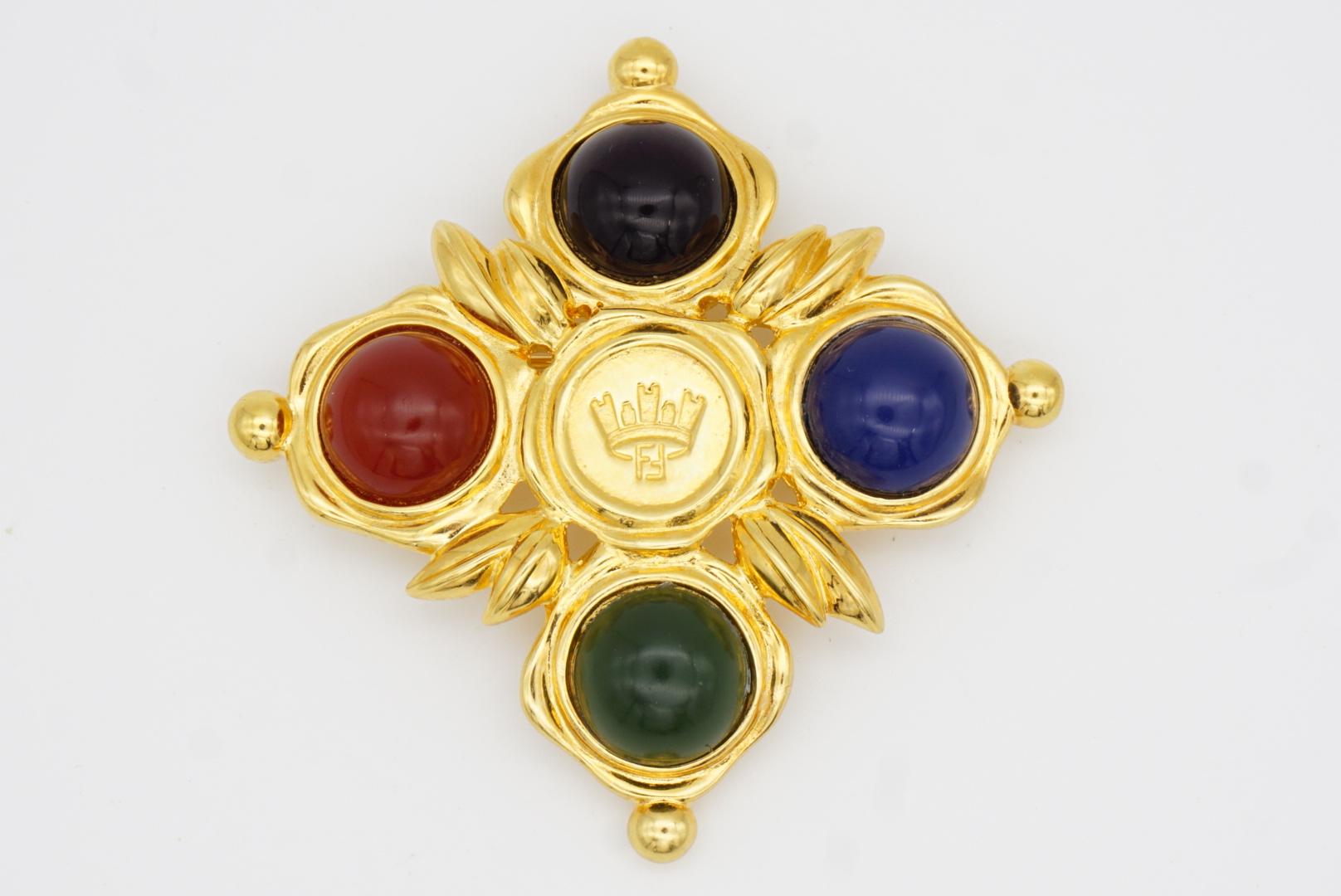 Fendi Vintage Gripoix Logo F Crown Crest Maltese Cross Cabochon Chunky Broche en venta 4
