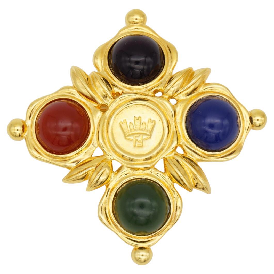 Fendi Vintage Gripoix Logo F Crown Crest Maltese Cross Cabochon Chunky Brooch