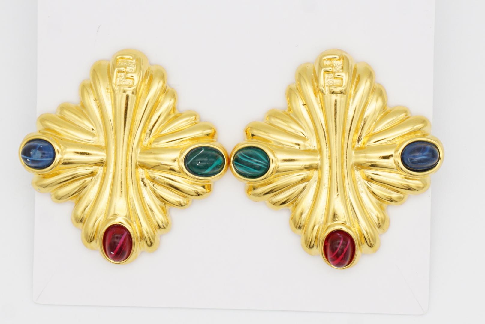 Fendi Vintage Gripoix Logo F Rubin Smaragd Lapis Crest Malteserkreuz Ohrringe im Angebot 5