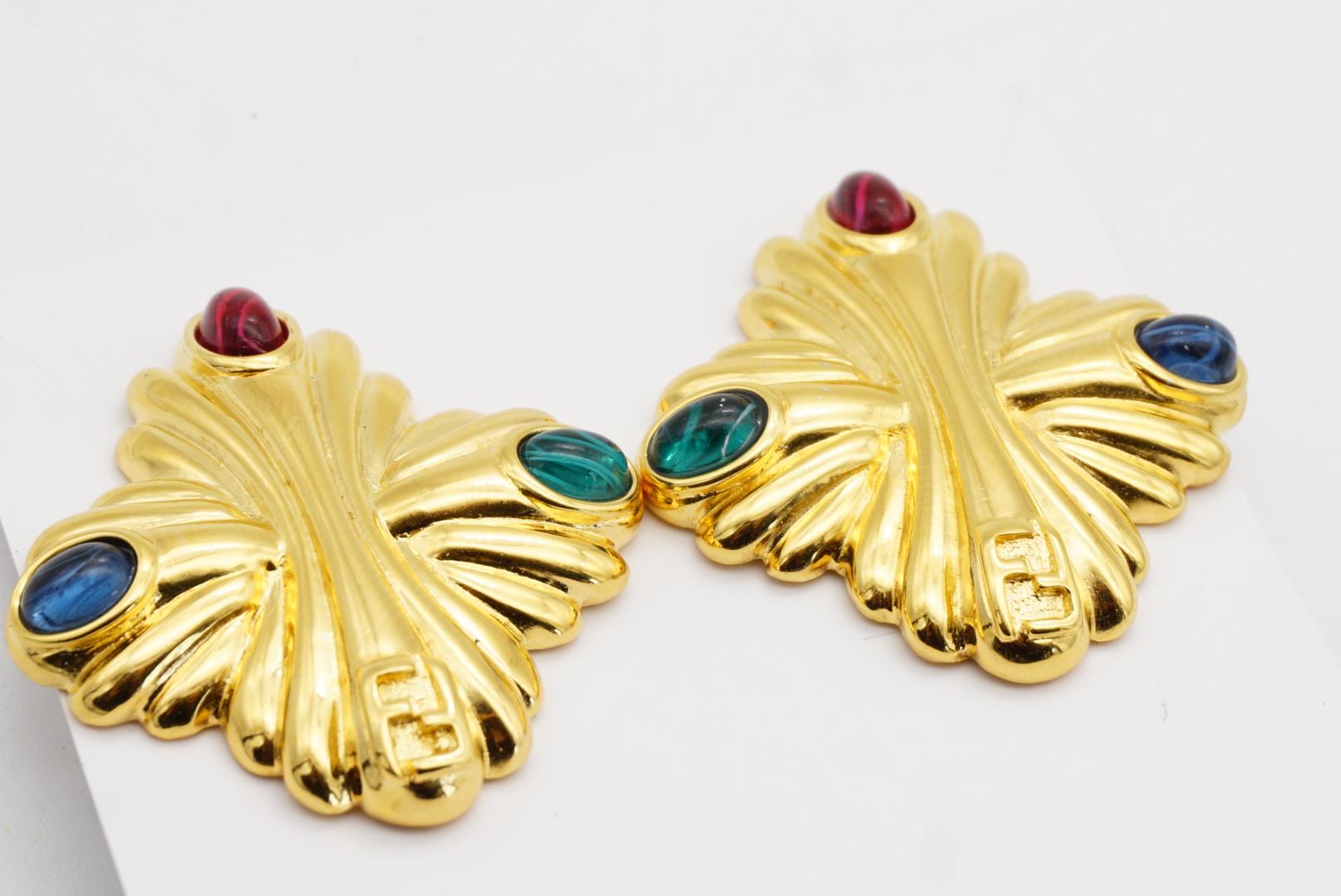 Fendi Vintage Gripoix Logo F Rubin Smaragd Lapis Crest Malteserkreuz Ohrringe im Angebot 7