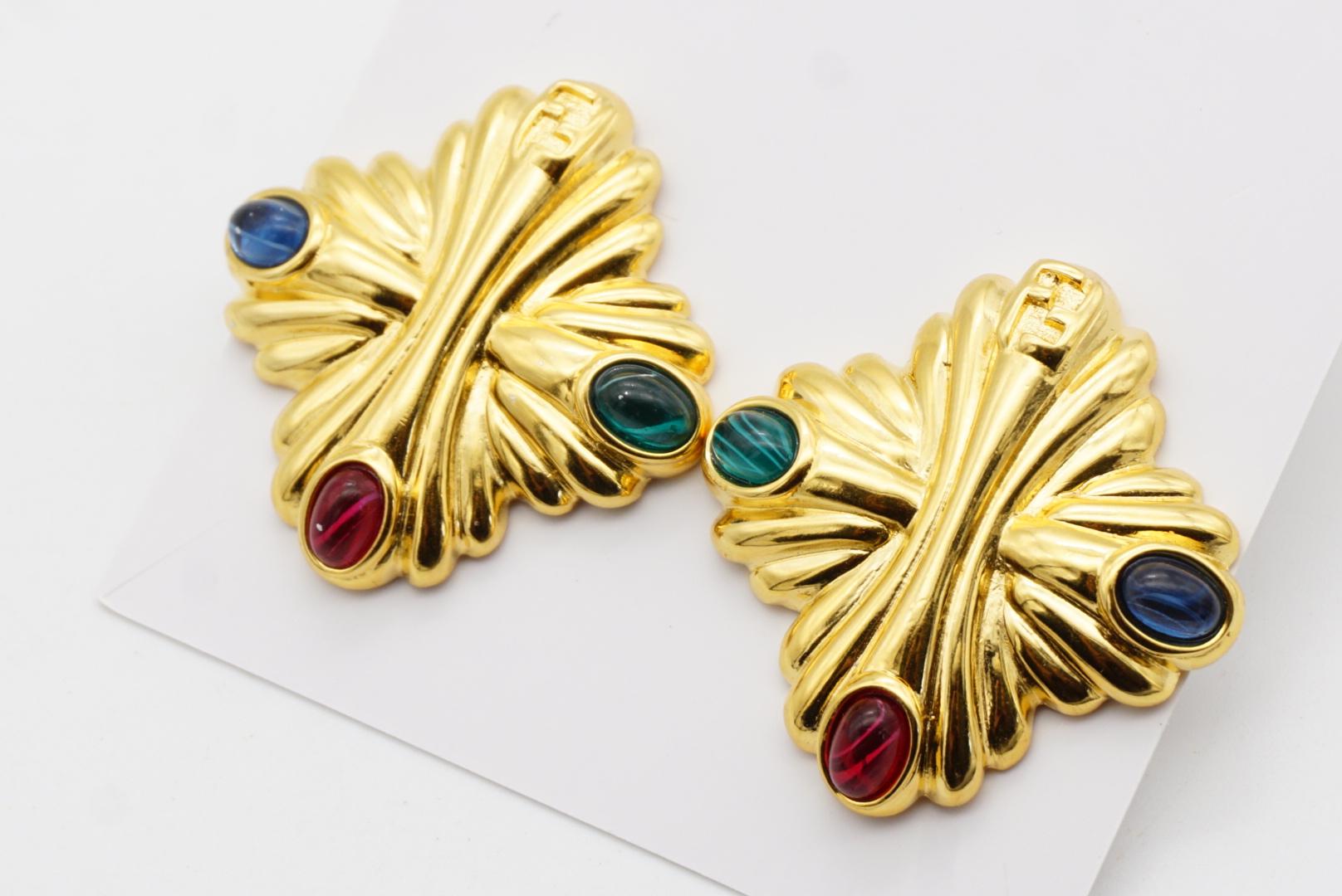 Fendi Vintage Gripoix Logo F Rubin Smaragd Lapis Crest Malteserkreuz Ohrringe im Angebot 8