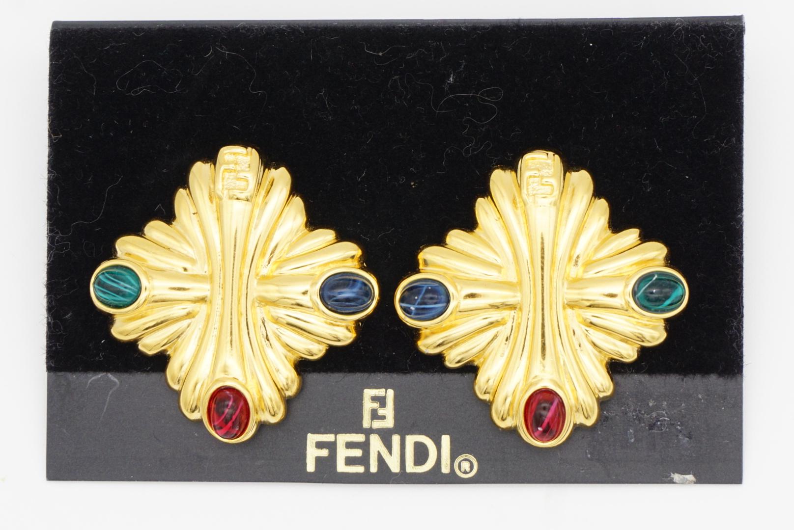 Fendi Vintage Gripoix Logo F Rubin Smaragd Lapis Crest Malteserkreuz Ohrringe im Angebot 11