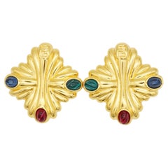 Fendi Vintage Gripoix Logo F Ruby Emerald Lapis Crest Maltese Cross Earrings