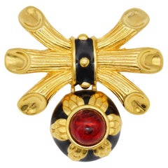 Fendi Vintage Gripoix Red Ruby Flower Circle Crystal Drop Black Bow Brooch