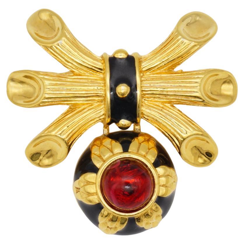 Fendi Vintage Gripoix Rojo Rubí Flor Círculo Cristal Gota Negro Lazo Broche