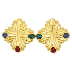 Fendi Vintage Gripoix Ruby Emerald Lapis Crest Maltese Cross Logo F Earrings