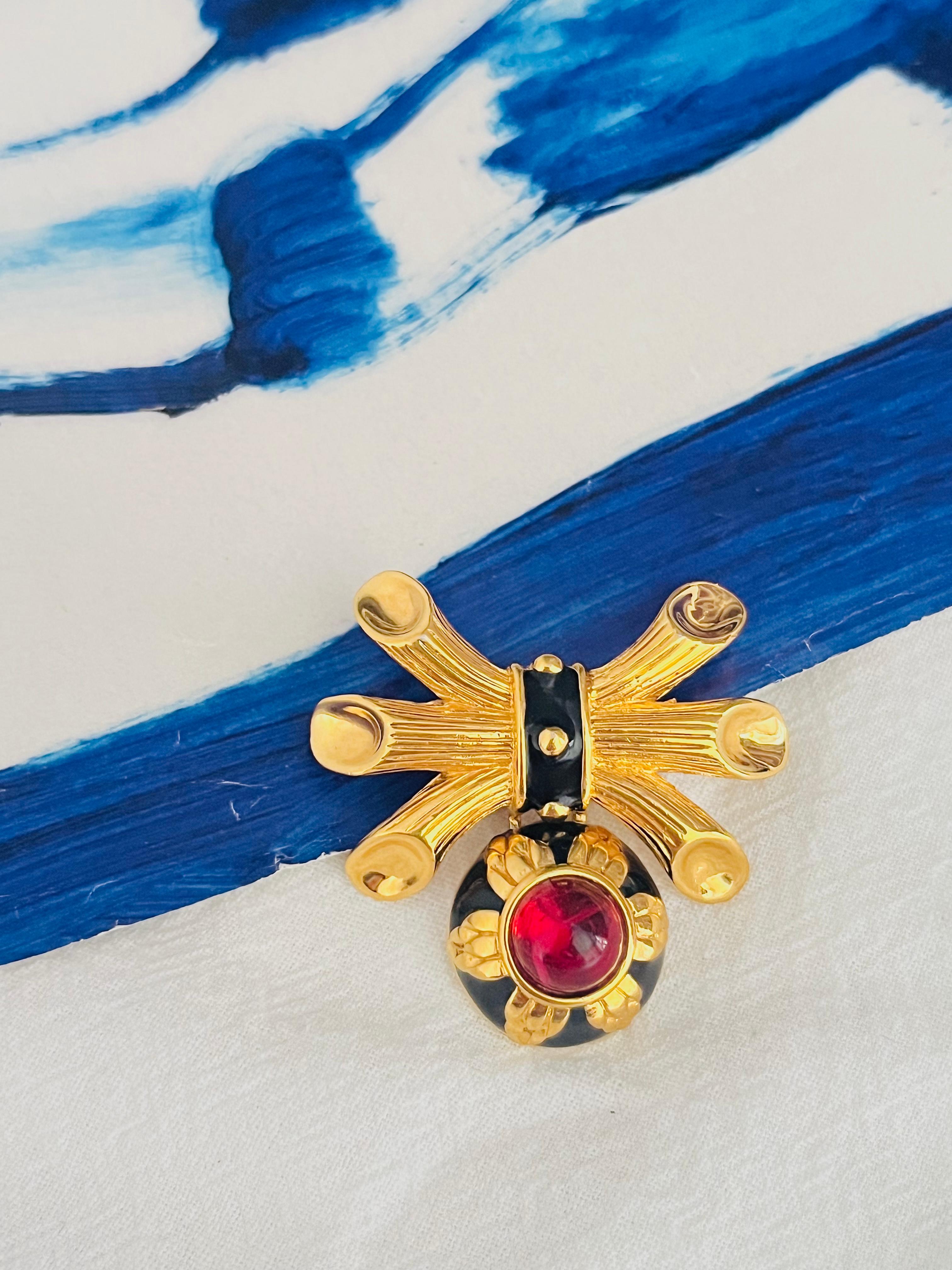 Fendi Vintage Gripoix Rubí Flor Círculo Gota Cristal Colgante Broche Lazo Negro Art Decó en venta
