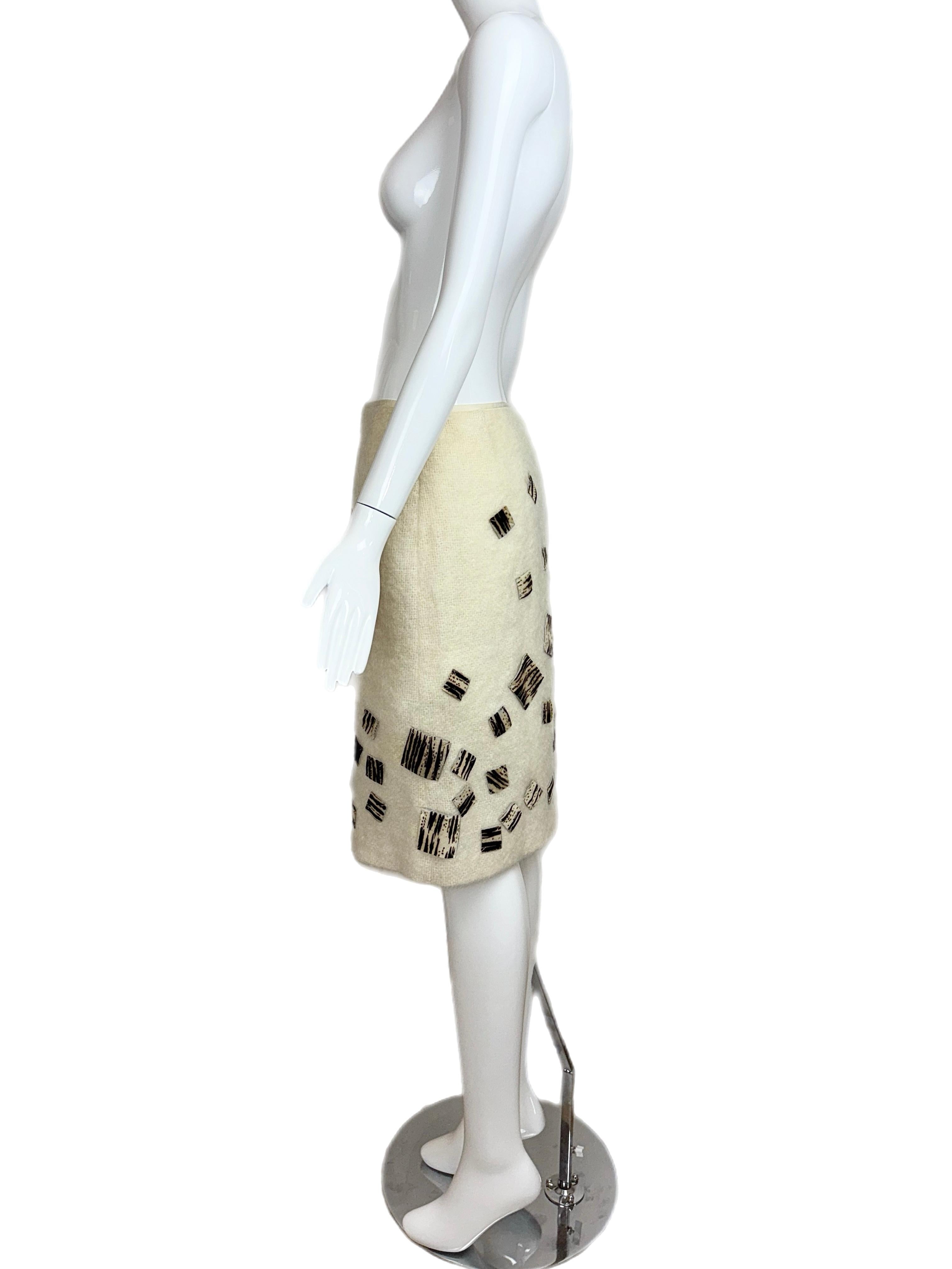 Beige FENDI Vintage Ivory Mohair Pencil Skirt w. Zebra Patches