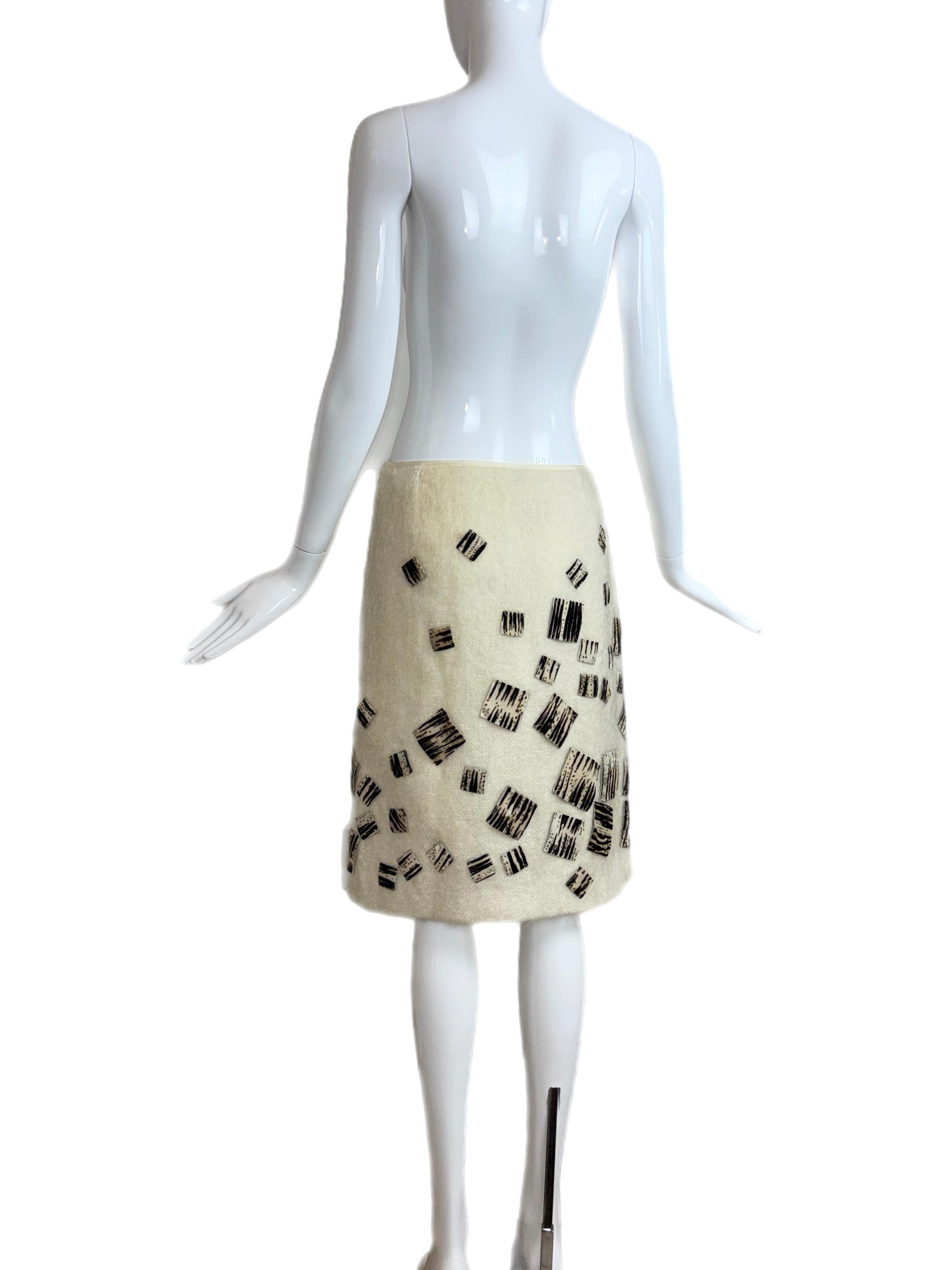 FENDI Vintage Ivory Mohair Pencil Skirt w. Zebra Patches In Good Condition In Leonardo, NJ